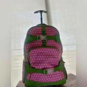 Pottery Barn Kids Pink Polka Dot Rolling Backpack with Green Trim